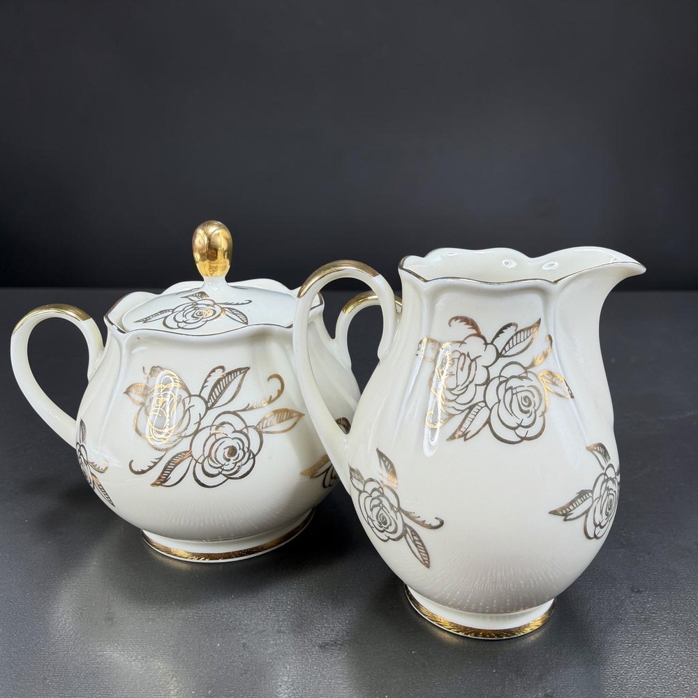Bavaria Porcelain Sugar Bowl and Creamer Set Gold Rose Gilded Cream Vintage